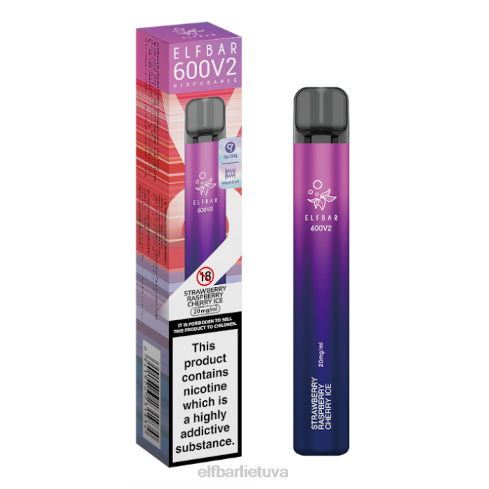 elfbar 600v2 vienkartinis vape - 20mg 24L218 braškių aviečių vyšnių ledas